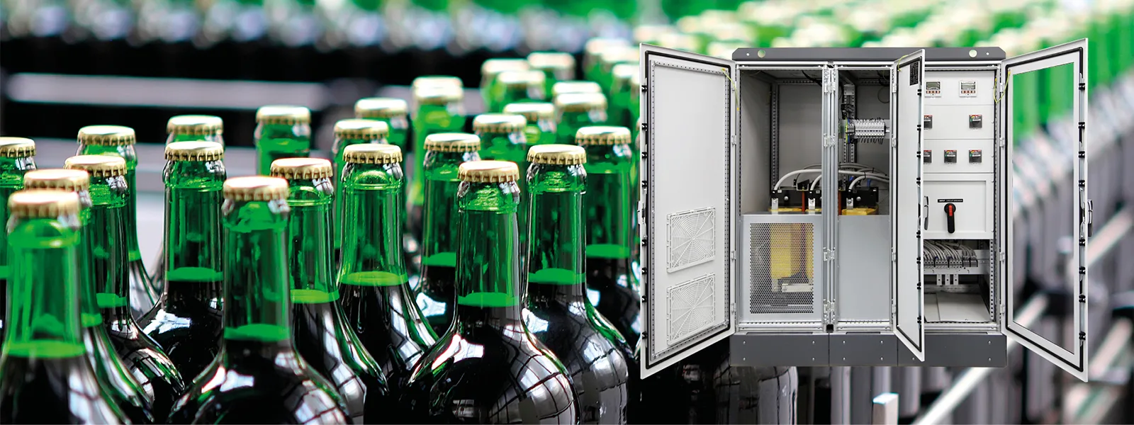 Transformer with distribution board for bottling line